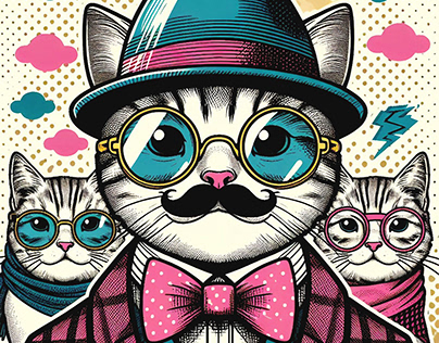 Hipster Cute Pop Art Cat Illustration Hand Drawn