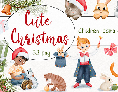 Cute Christmas: Child, cat & rabbit