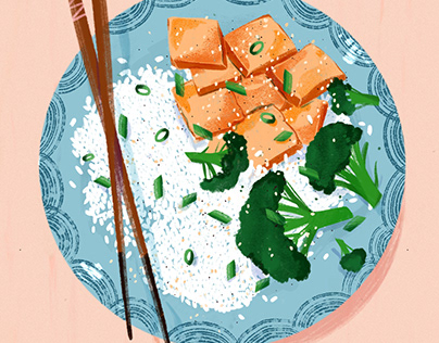 Projektin miniatyyri – Broccoli & Tofu Rice Bowl - Food Illustration