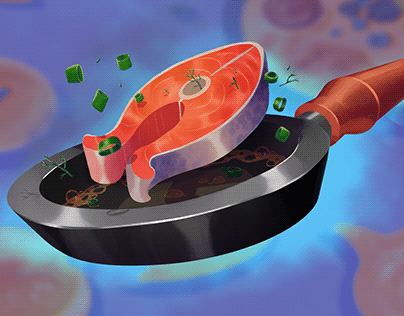 food props/salmon steak in frying pan