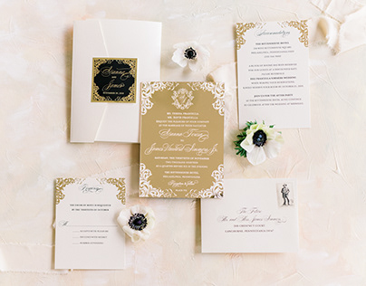 White Foil on Gold Acrylic Pocket Wedding Invitation
