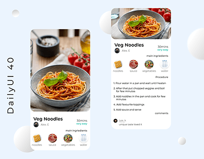 Recipe UI design dailyui 40 | food recipe app ui design