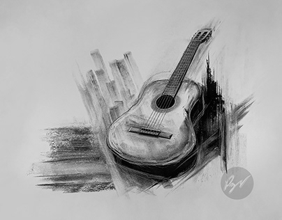 Charcoal drawing of an Acoustic guitar