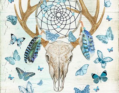 Carved Deer Skull and Blue Butterflies Watercolor