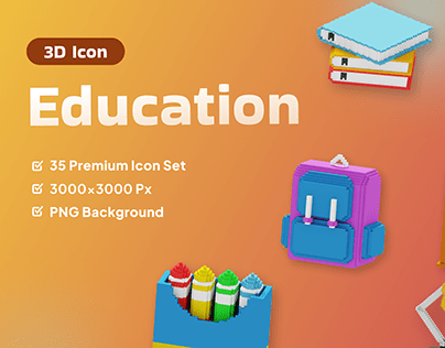 3D Icons Education - Voxel Style