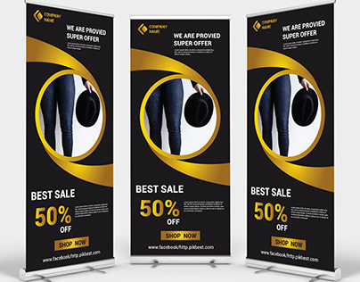 Gold And Black Roll up Banner Template Design