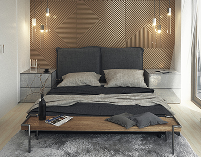 Bedroom with wood wall panel