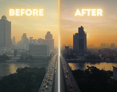 Color correction. Before - After. Sity, sunset