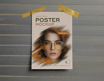 Free Realistic Taped Poster On Wall Mockup PSD