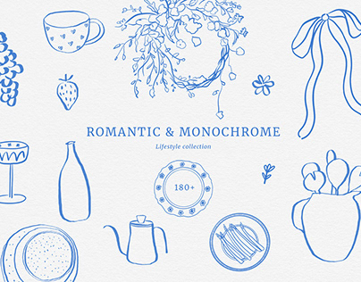 Romantic & monochrome line art clipart set