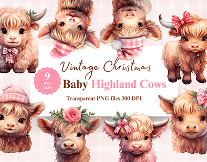 Pastel Highland Cow Watercolor Illustrations