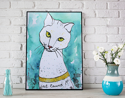Cat Lovers, watercolor and ink cartoon illustration