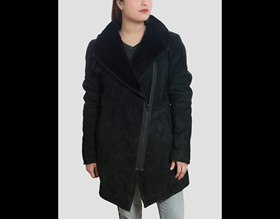 Debra Leather Shearling Black Coat with Belted Collar