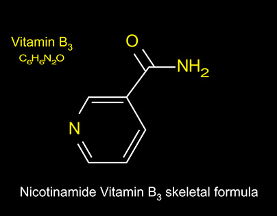 Nicotinamide chemical structure and skeletal formula.