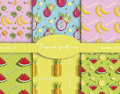 6 summer seamless patterns with tropical fruits, leaves