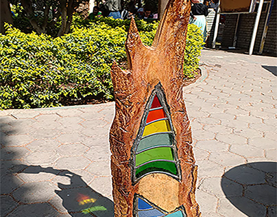 Gardensculpture of wood and stained glass