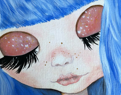 Blue Blythe Girl - Acrylic on Canvas Board 8”x8”