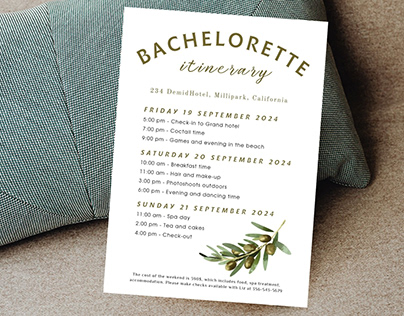 Olives Bachelorette itinerary card template