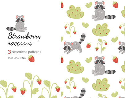 Strawberry raccoons. Seamless pattern collection