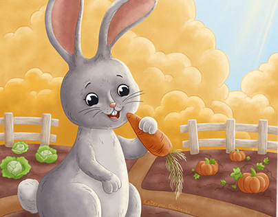 Children's illustration "Bunny eating carrot"