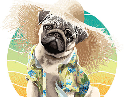 cute pug dog wearing straw hat summer shirt sun shine