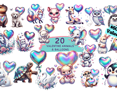 Animals and Iridescent Balloons Bundle - 20 PNG 4000px