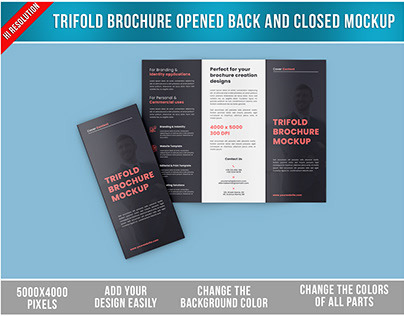 Trifold Brochure Opened Back and Closed Mockup