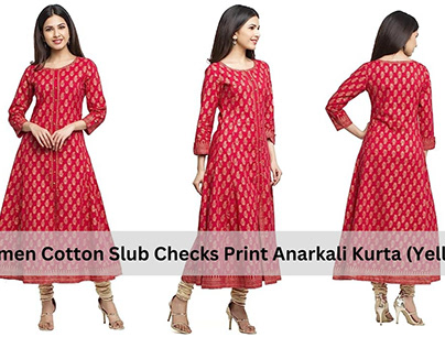Women Cotton Slub Checks Print Anarkali Kurta