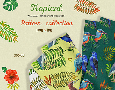 Tropical patterns. Watercolor hand made illustrations.