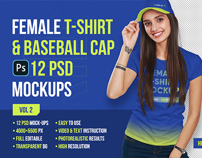 Female T-Shirt and Baseball Cap Mockup Vol2
