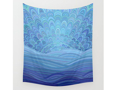 Blue Mandala Sunset at the Ocean Wall Tapestry