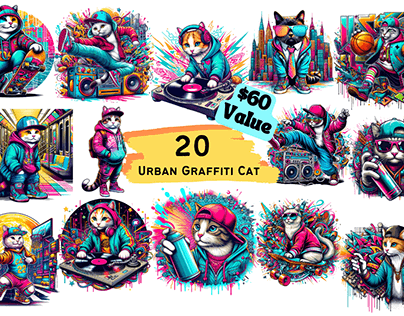 Urban Graffiti Cat Bundle - 20 PNG - 4000x4000px