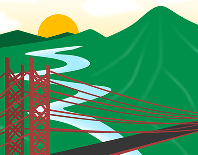 Beautiful Nature Of Mountains River Bridge and Sunset