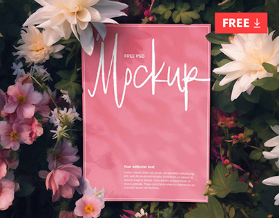 Free Poster lying in Flowers Mockup PSD