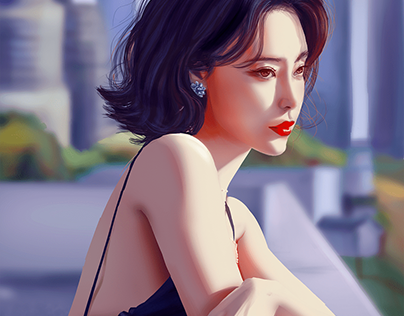 Korean woman in black dress - Digital painting