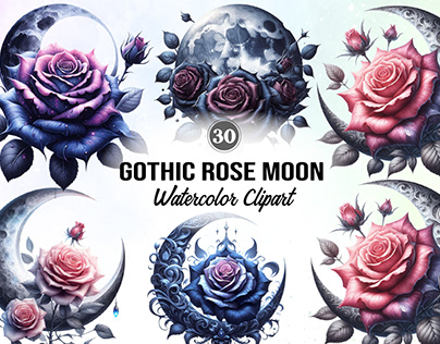 Gothic moon, gothic rose Watercolor Clipart