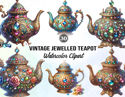 Vintage jewelled Teapot Watercolor Clipart