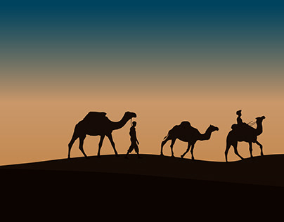 Two Caravan with camels in desert