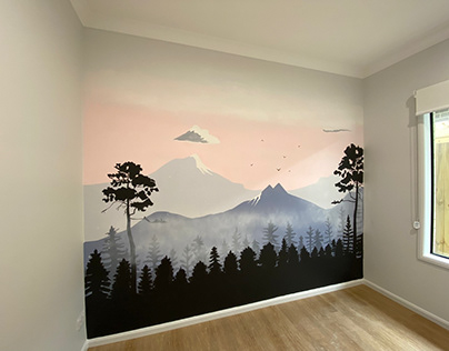 Mountain Mural - Hand painted acrylic on plasterboard