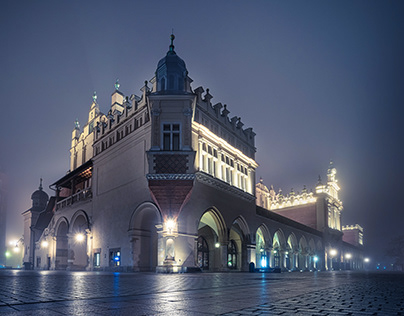 Foggy morning on the Main Square in Krakow