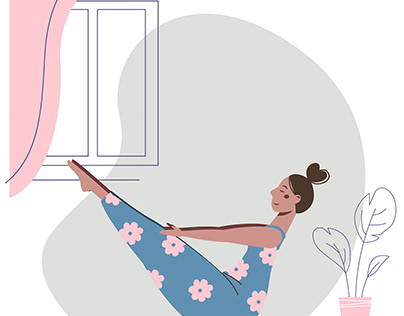 Set of illustrations with a cartoon woman in yoga asana