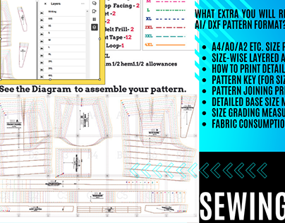 sewing pattern on A4 and A0 size based on sewing guide