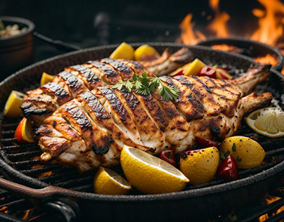 GRILLED FISH WITH HERBS, FRUITS, LEMON GENERATED BY AI
