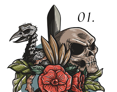Res roses & skull vintage illustration for Osso Apparel