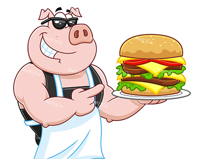 Chef Pig Character Pointing To A Double Hamburger
