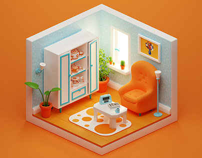 Cute Living Room 3D Isometric Scene