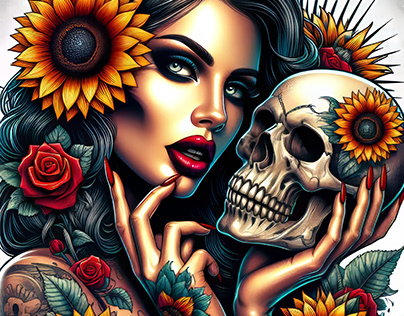 Woman with Skull and Rose Tattoo - Sublimation Design