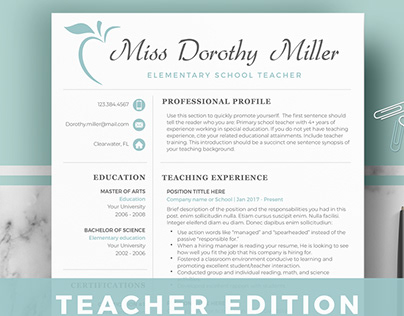 Teacher Resume Template for word & Pages - cv template