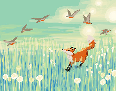 Vector illustration (big print on wall) : fox and birds