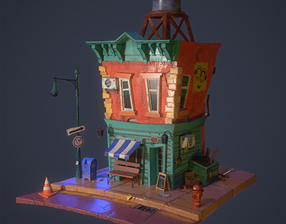 3d red house cafe stylized game modeling